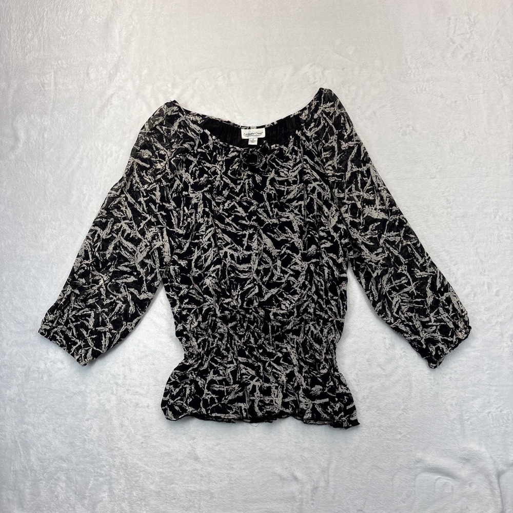 Coldwater Creek Peasant Blouse Womens Small Black White Print Tie Neck Lined